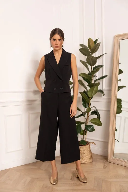 Plain Cropped Sleeveless Suit Vest Black