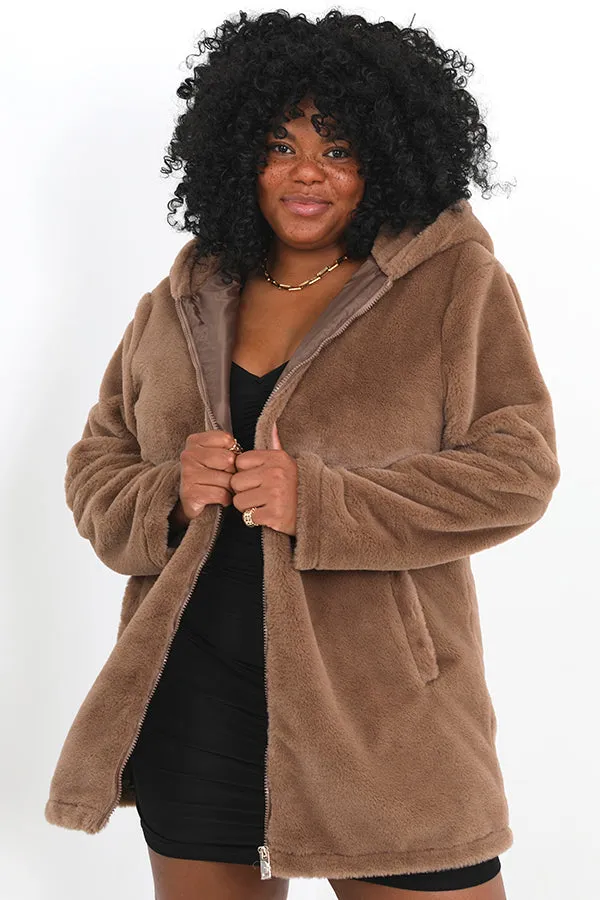 PLUS SIZE MOCHA FAUX FUR HOODED COAT