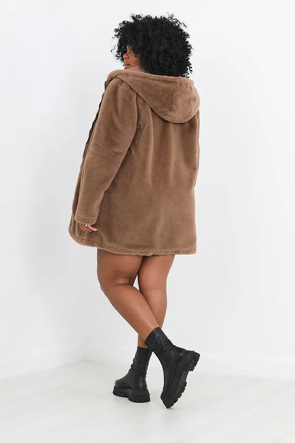 PLUS SIZE MOCHA FAUX FUR HOODED COAT