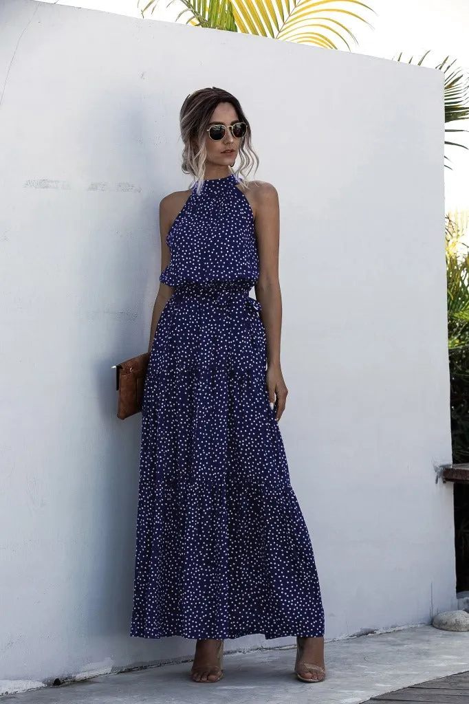 Polka Dot Print Neck Tie Maxi Dresses Wholesale Womens Clothing N3824050700091