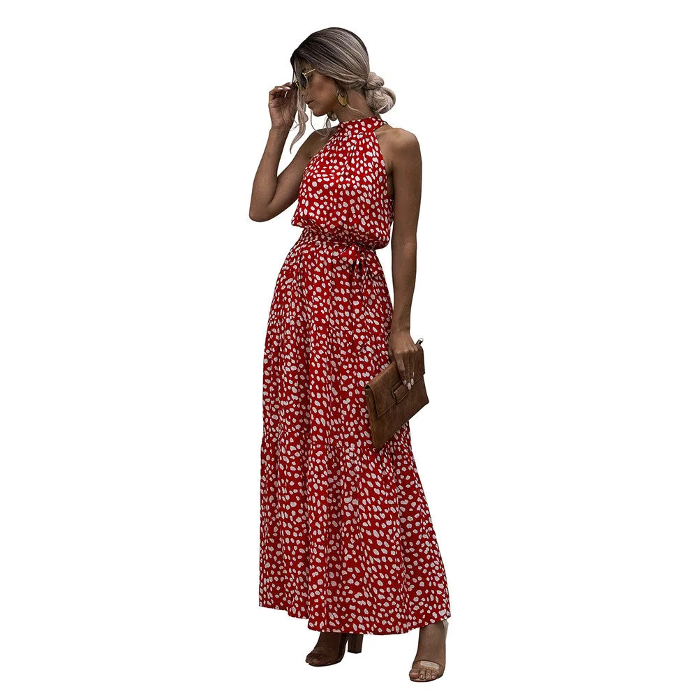 Polka Dot Print Neck Tie Maxi Dresses Wholesale Womens Clothing N3824050700091