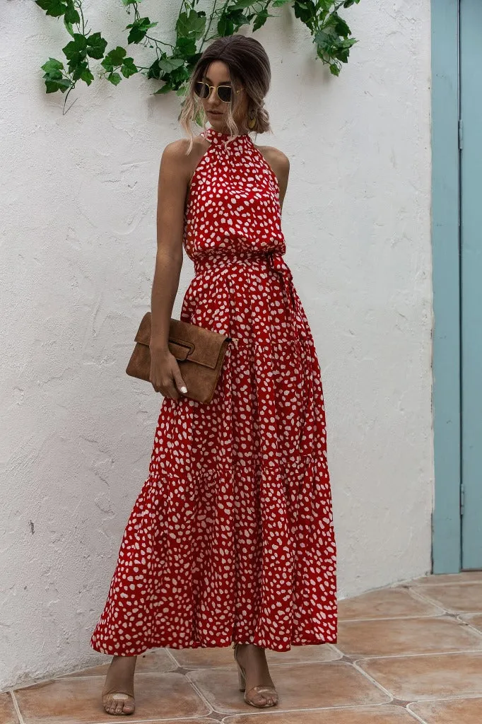 Polka Dot Print Neck Tie Maxi Dresses Wholesale Womens Clothing N3824050700091