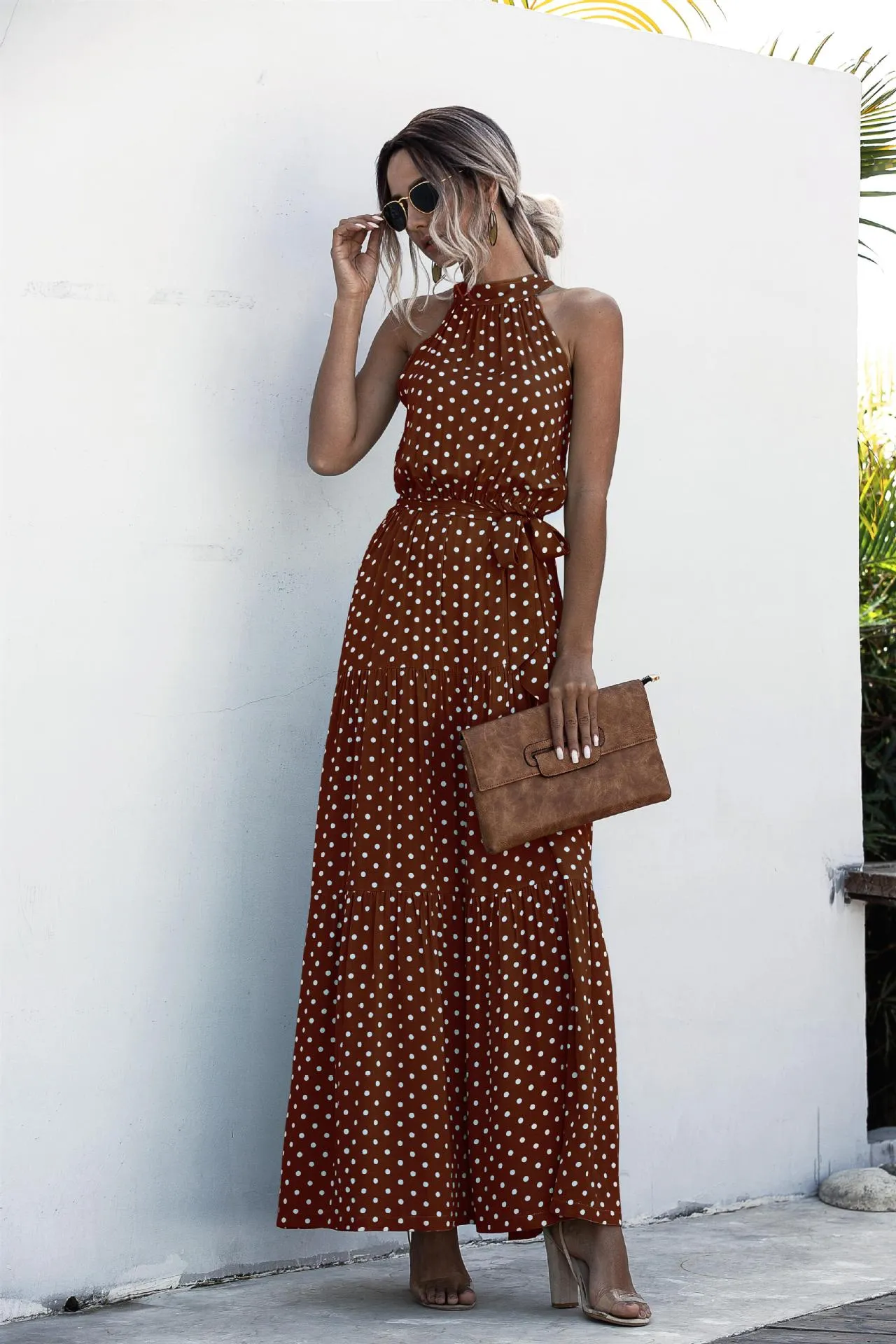 Polka Dot Print Neck Tie Maxi Dresses Wholesale Womens Clothing N3824050700091