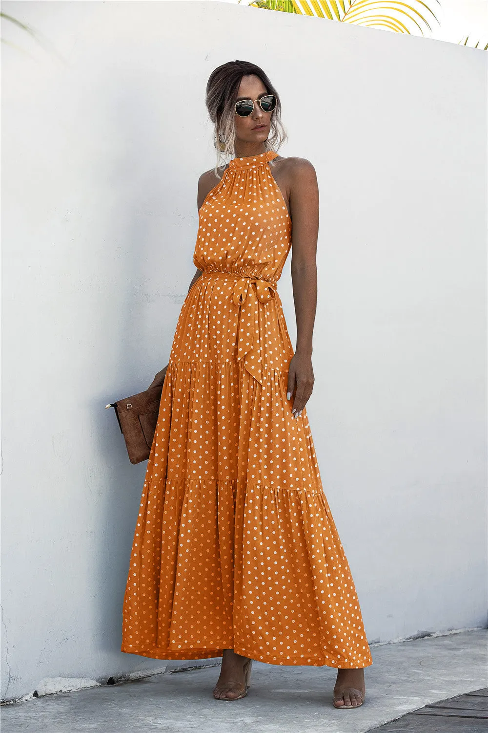 Polka Dot Print Neck Tie Maxi Dresses Wholesale Womens Clothing N3824050700091