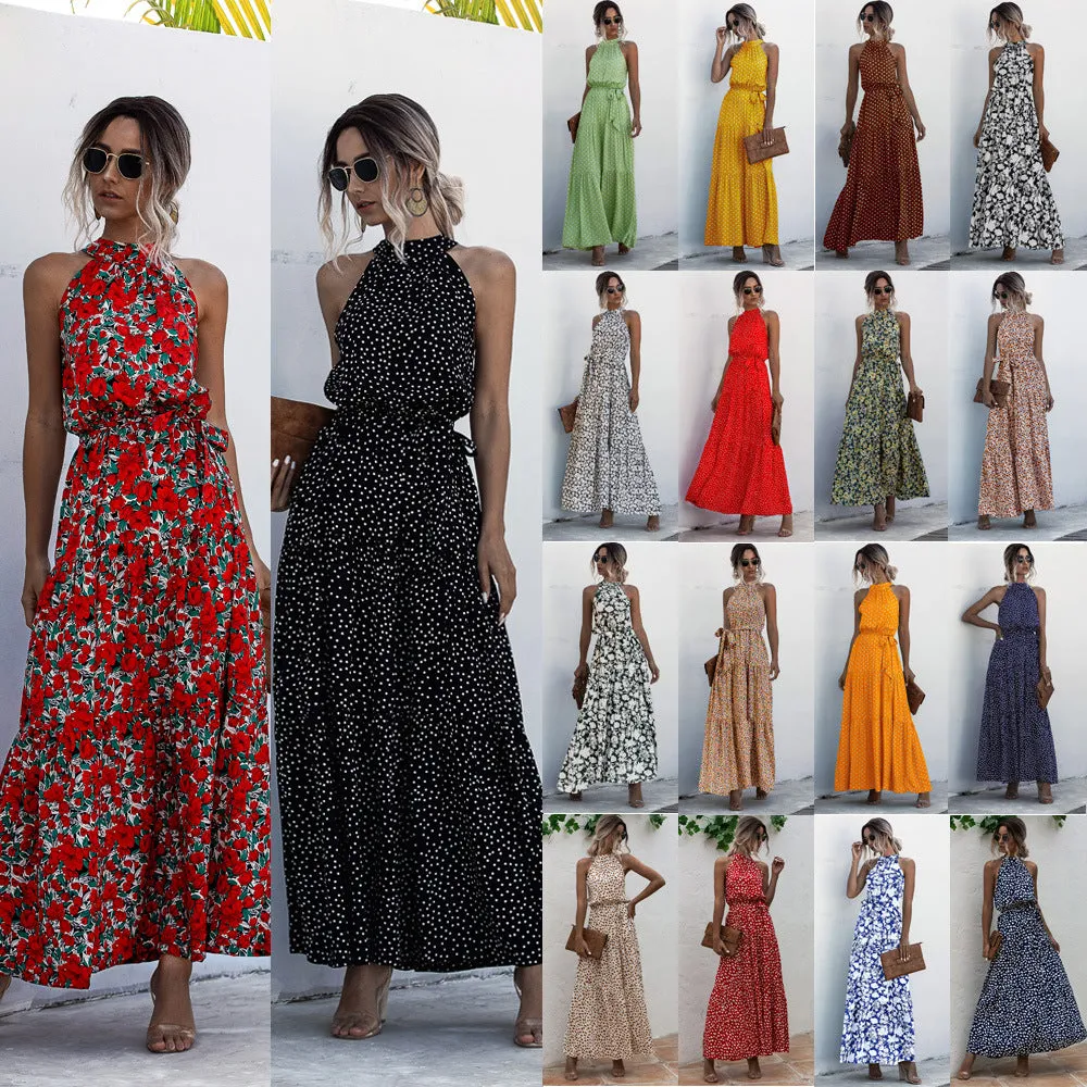 Polka Dot Print Neck Tie Maxi Dresses Wholesale Womens Clothing N3824050700091