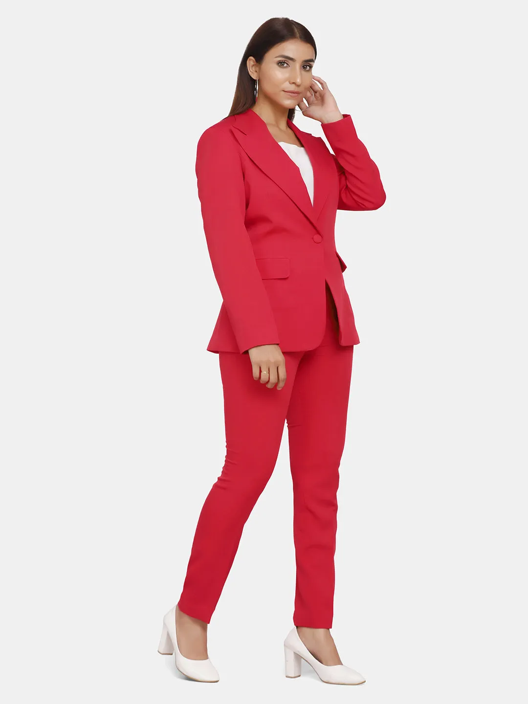 Red Polyester Single Button Blazer For Women