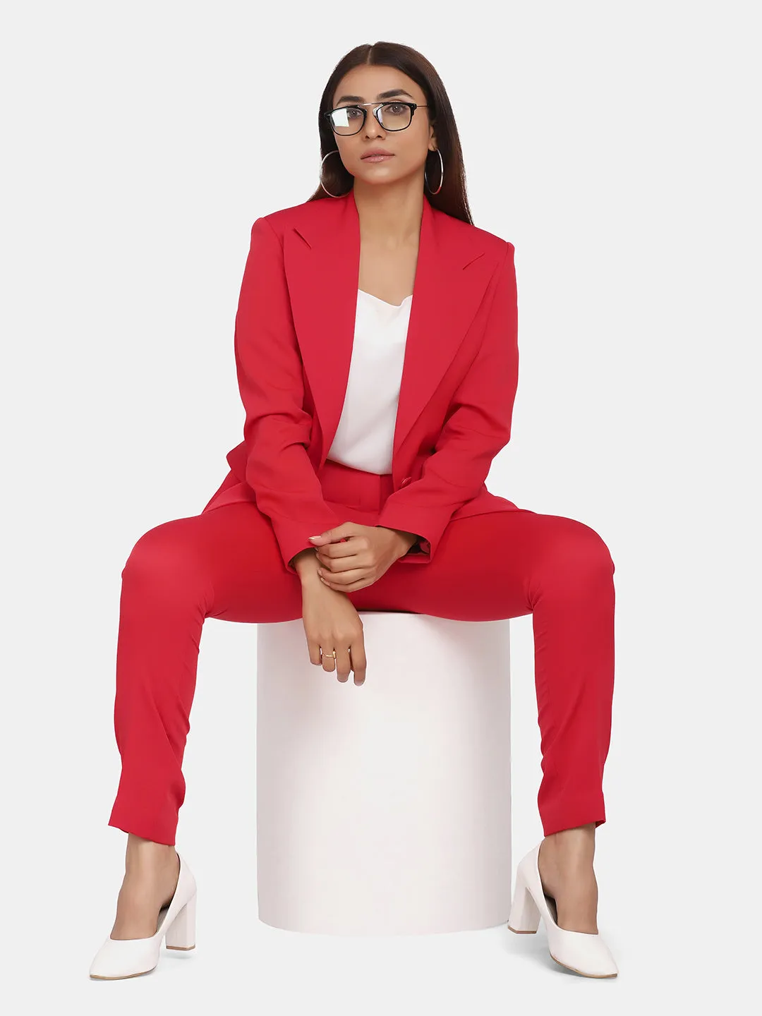 Red Polyester Single Button Blazer For Women