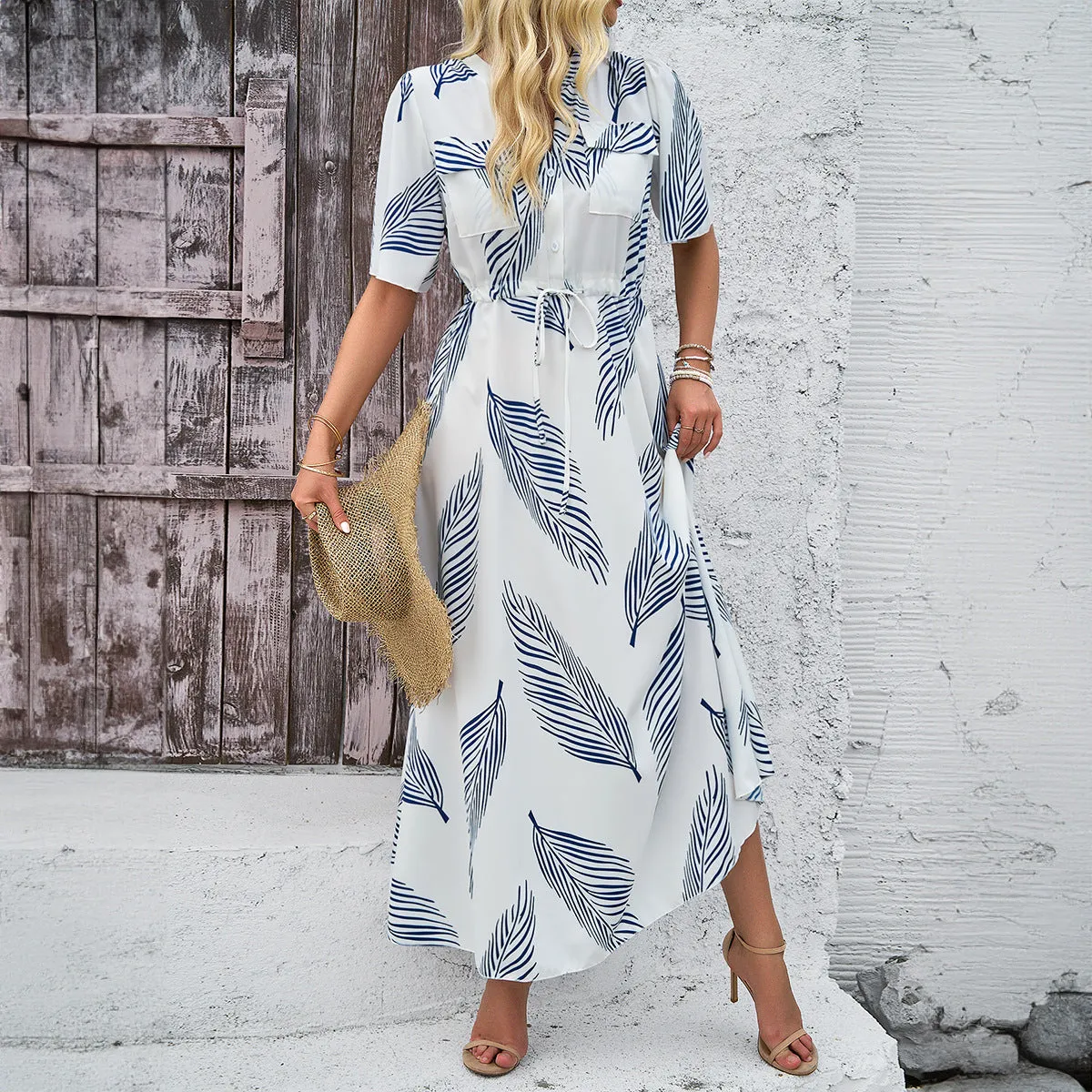 Resort Printed V-Neck Short Sleeve Maxi Dresses Summer Wholesale Womens Clothing N3824071500005