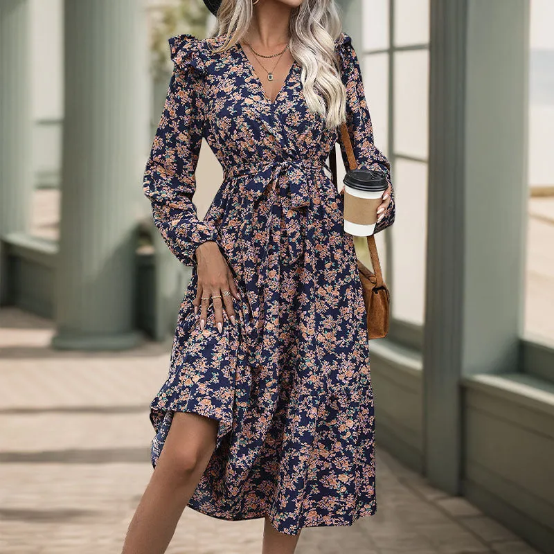 Ruffle Long Sleeve Printed V-Neck Midi Dress Wholesale Womens Clothing N3824080900015