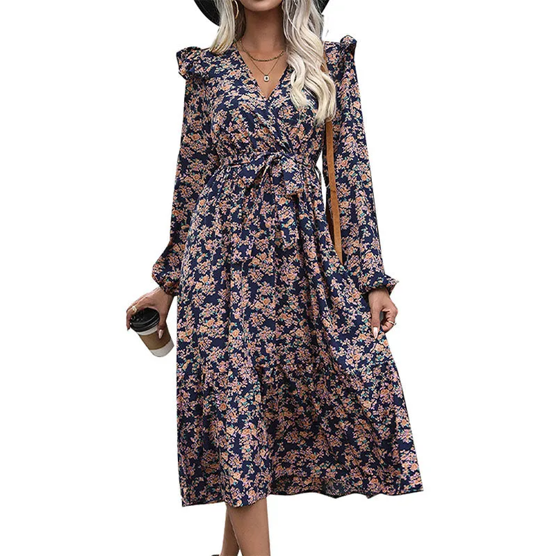 Ruffle Long Sleeve Printed V-Neck Midi Dress Wholesale Womens Clothing N3824080900015