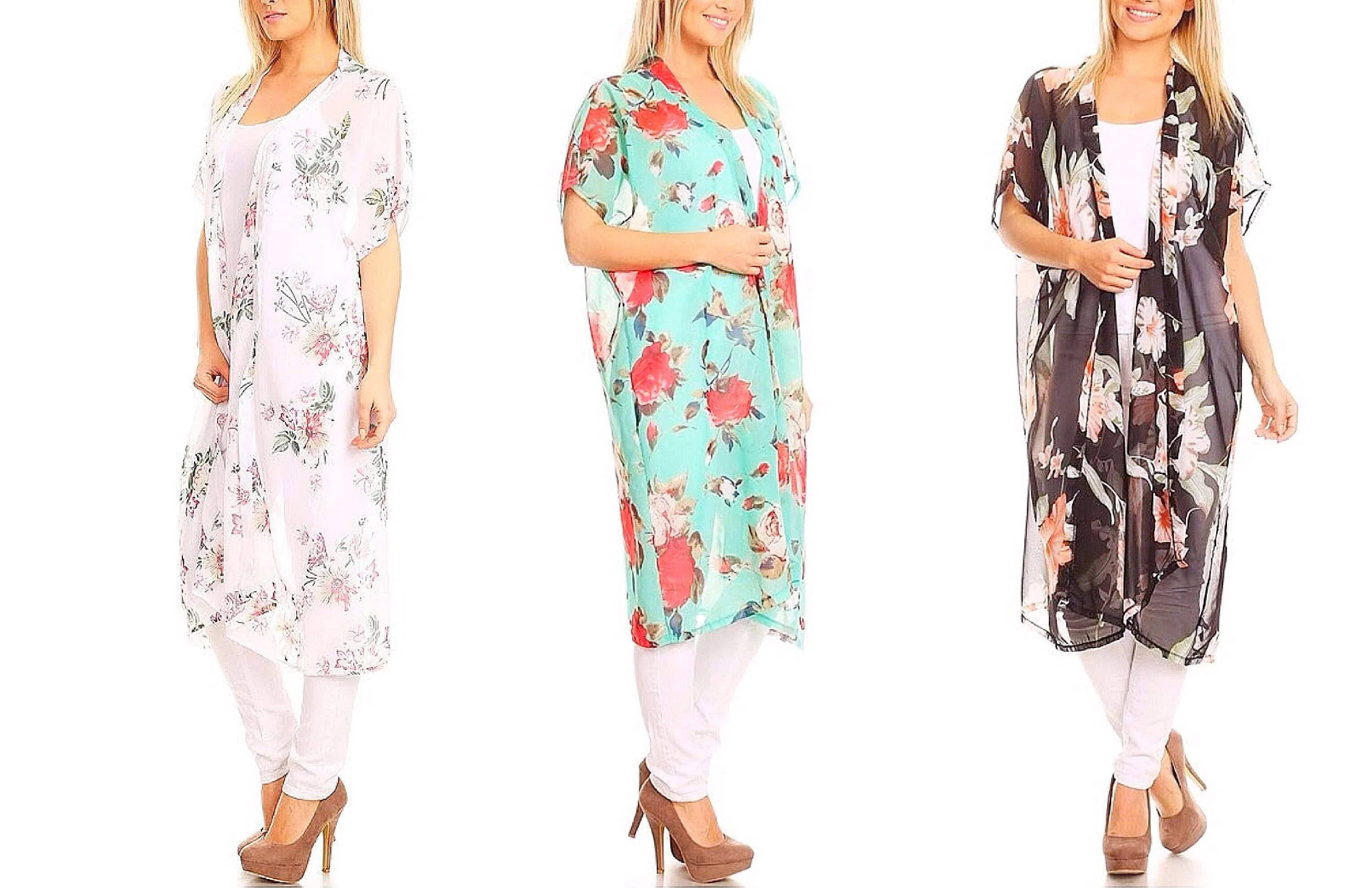 Semi-Sheer Floral Chiffon Long Kimono Cardigan