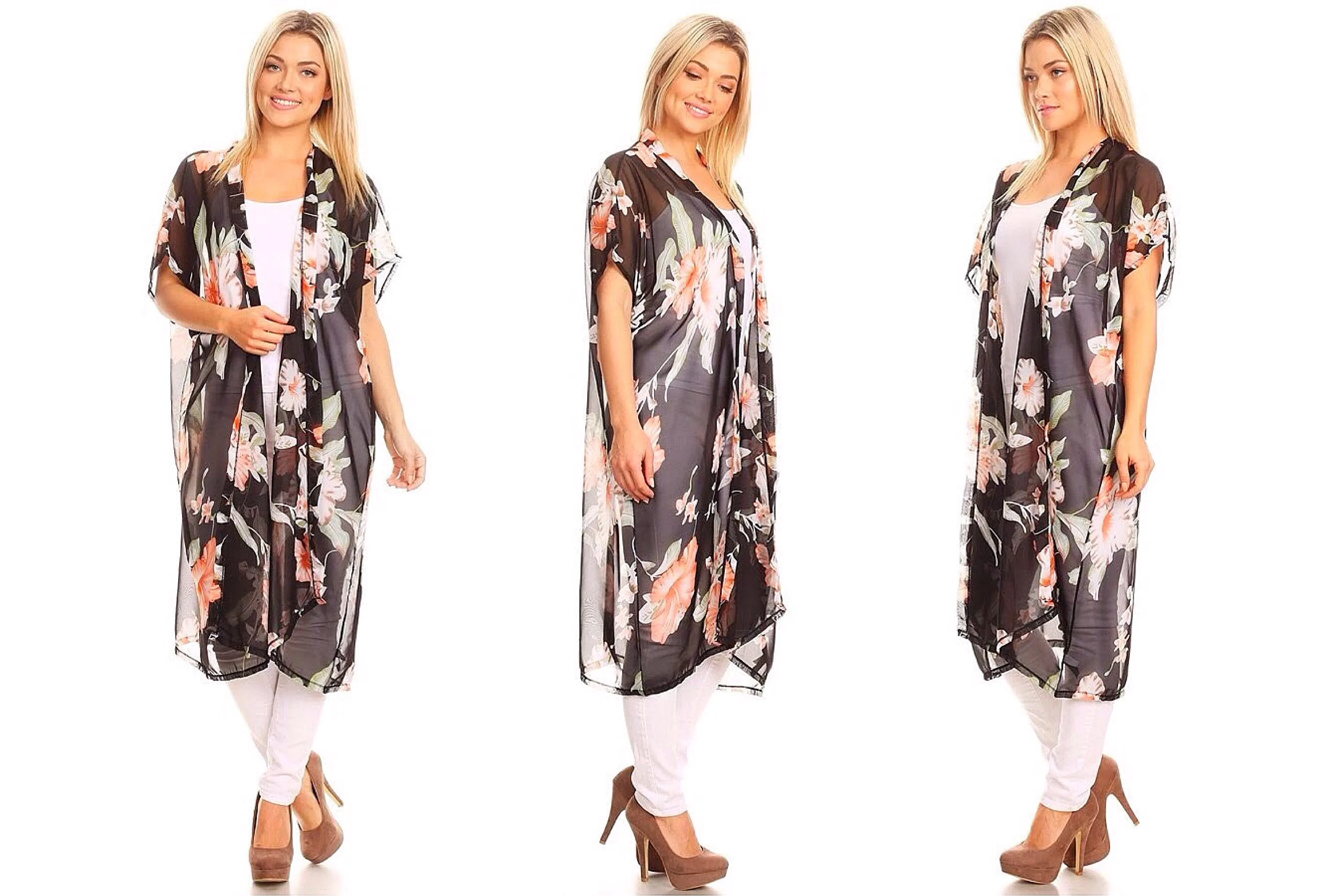 Semi-Sheer Floral Chiffon Long Kimono Cardigan