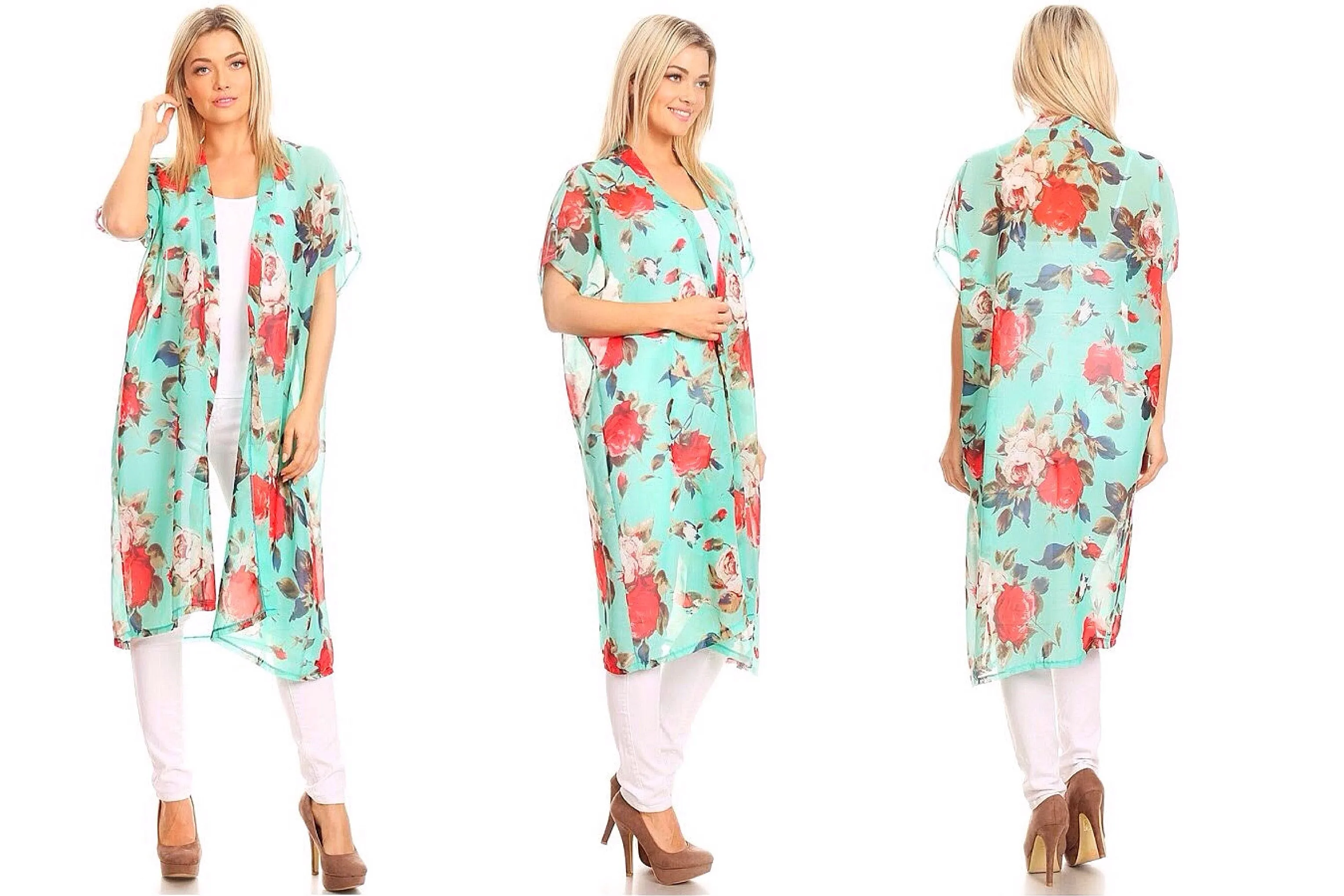 Semi-Sheer Floral Chiffon Long Kimono Cardigan