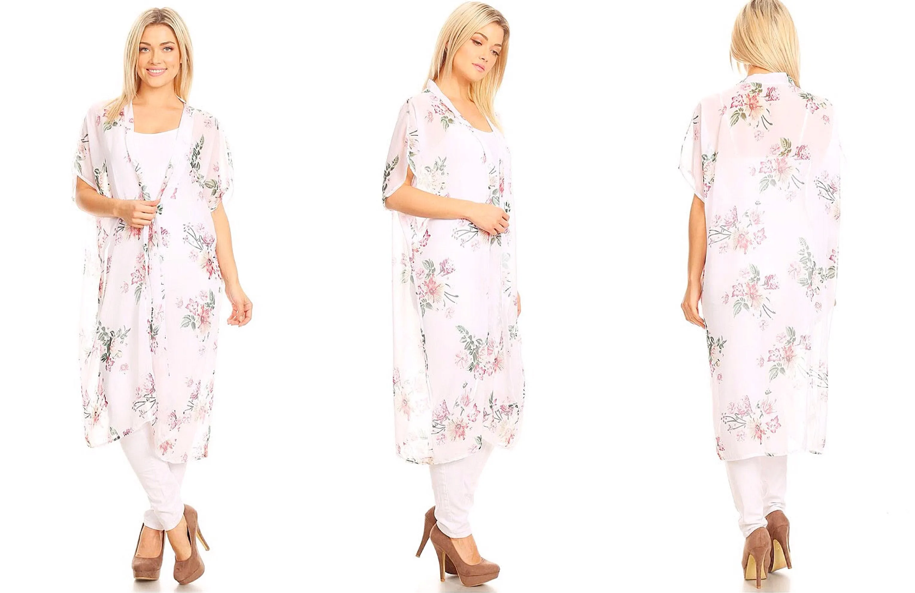 Semi-Sheer Floral Chiffon Long Kimono Cardigan