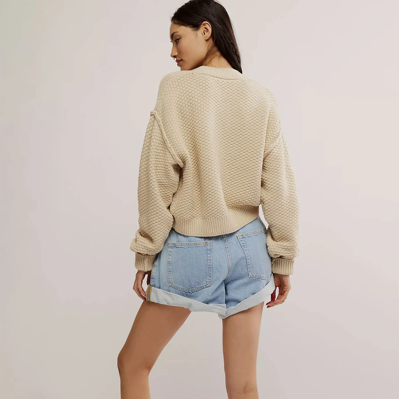 Simple Crew Neck Button Up Drop Shoulder Crop Oversized Knit Cardigan