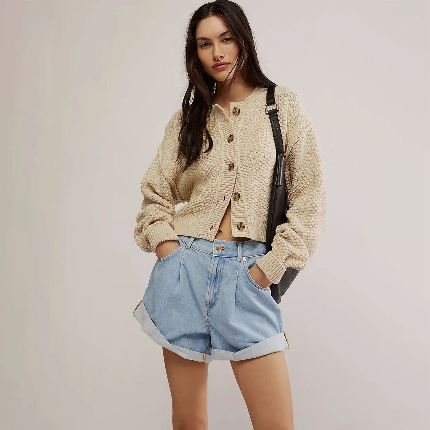 Simple Crew Neck Button Up Drop Shoulder Crop Oversized Knit Cardigan