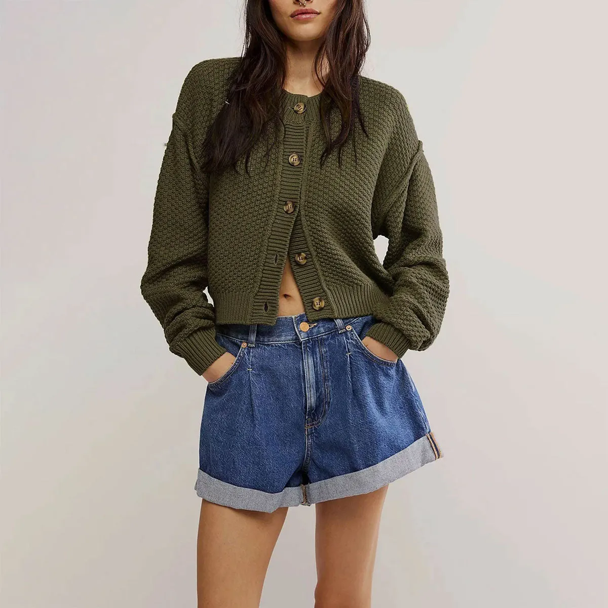 Simple Crew Neck Button Up Drop Shoulder Crop Oversized Knit Cardigan