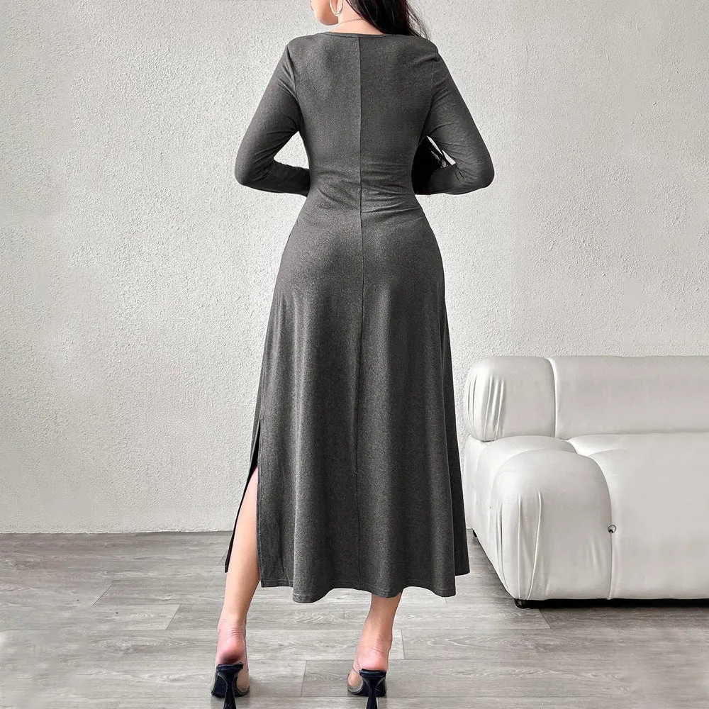 Square Neck Pleated Waist Slim Midi Dresses Wholesale Womens Clothing N3824110900046