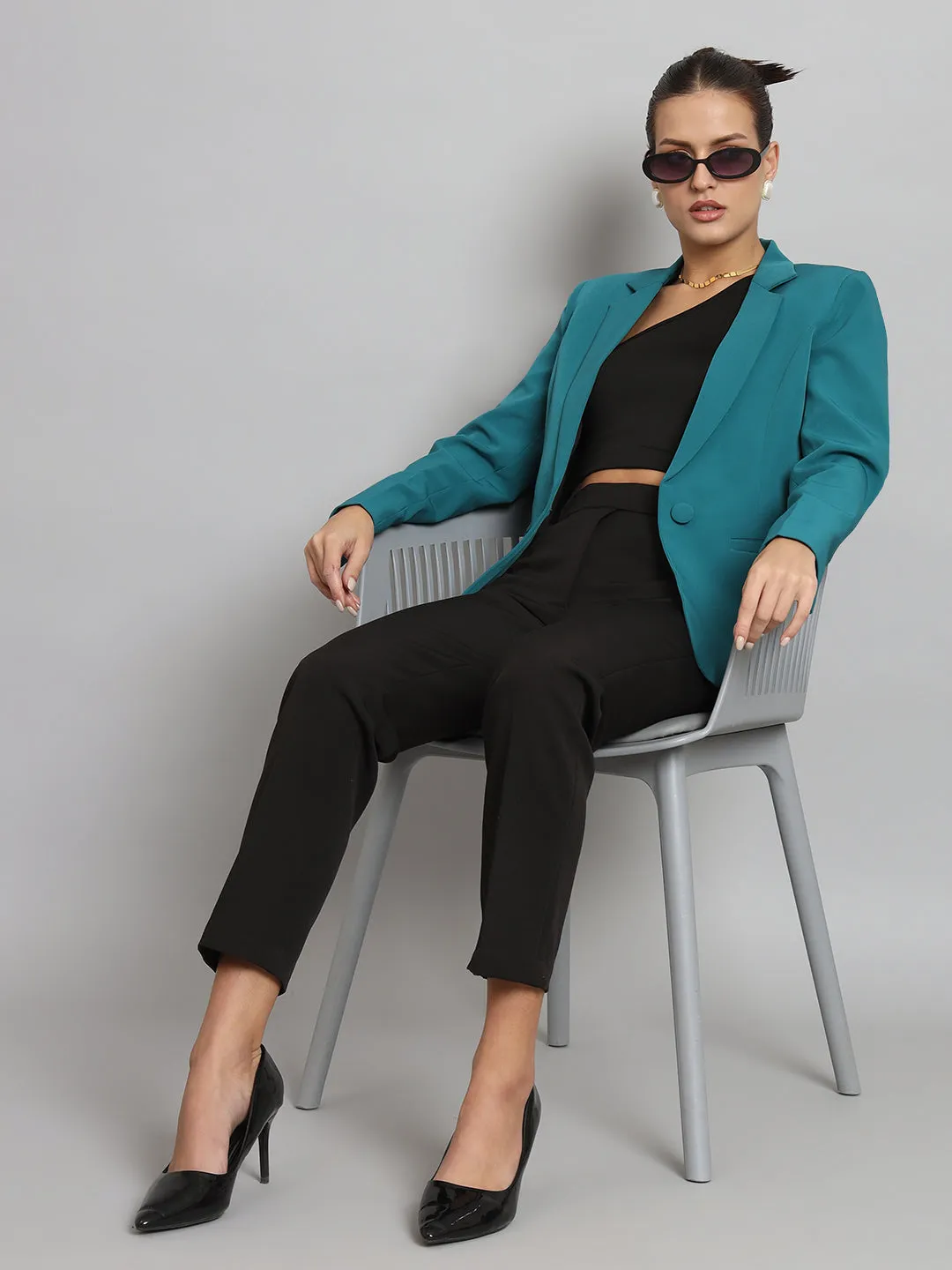 Teal Green Polyester Notch Collar Stretch Blazer