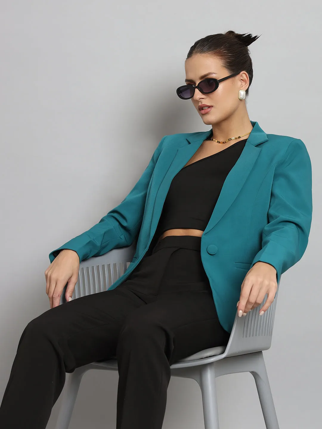 Teal Green Polyester Notch Collar Stretch Blazer