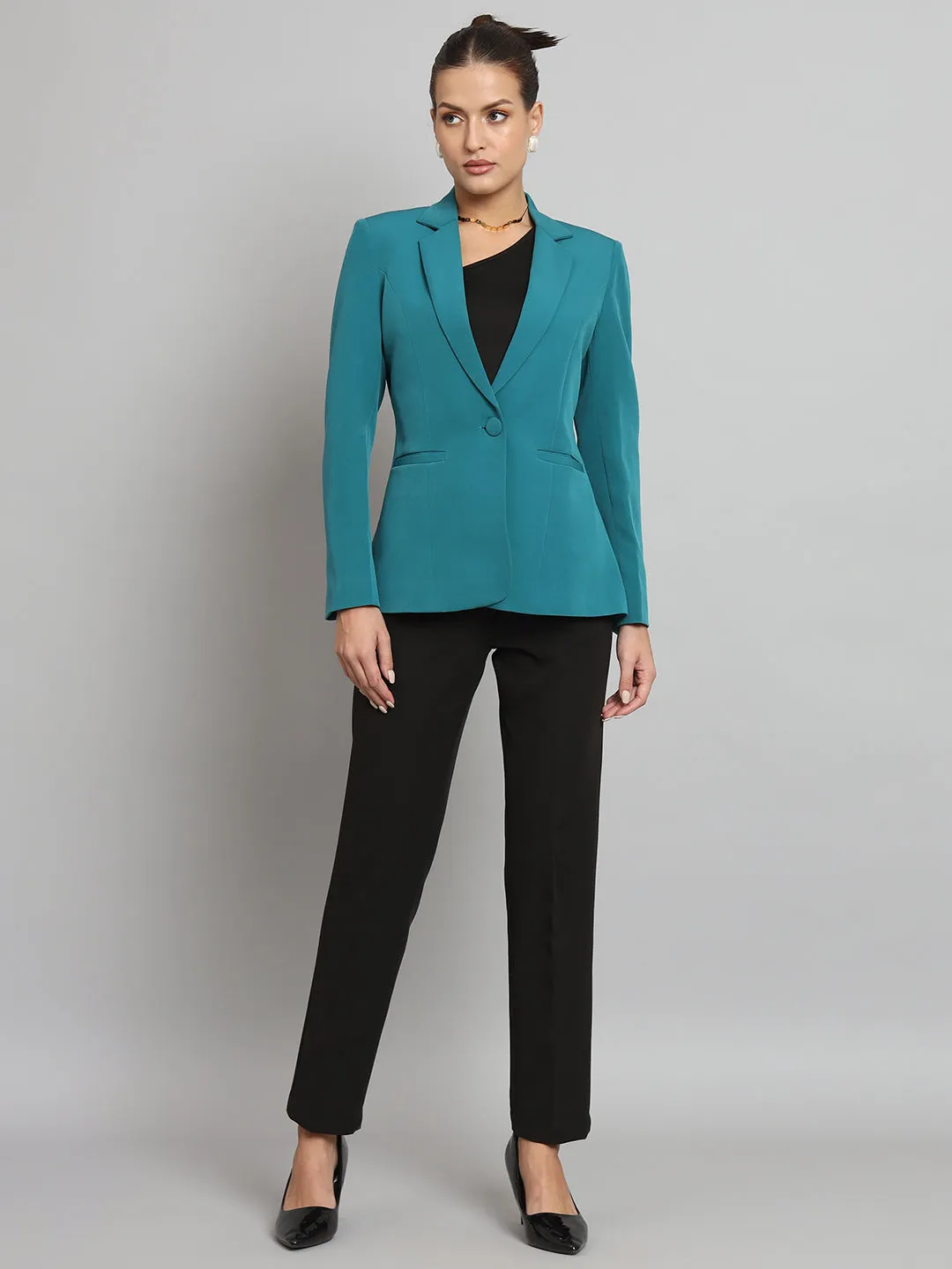 Teal Green Polyester Notch Collar Stretch Blazer