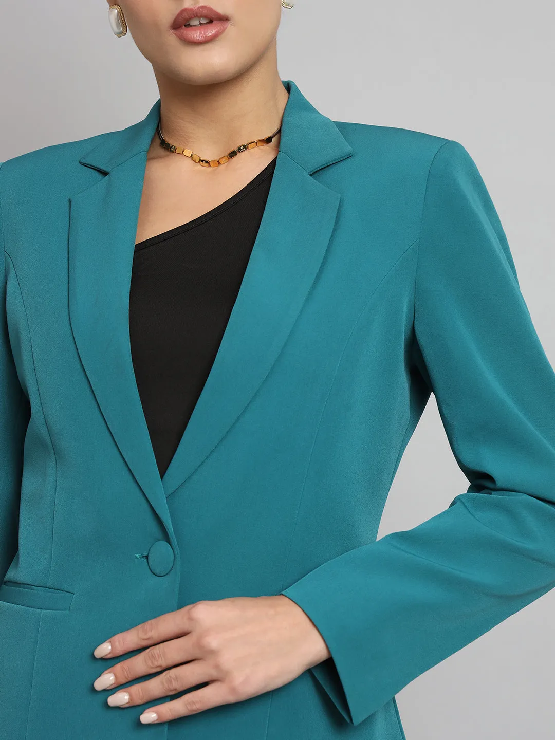 Teal Green Polyester Notch Collar Stretch Blazer