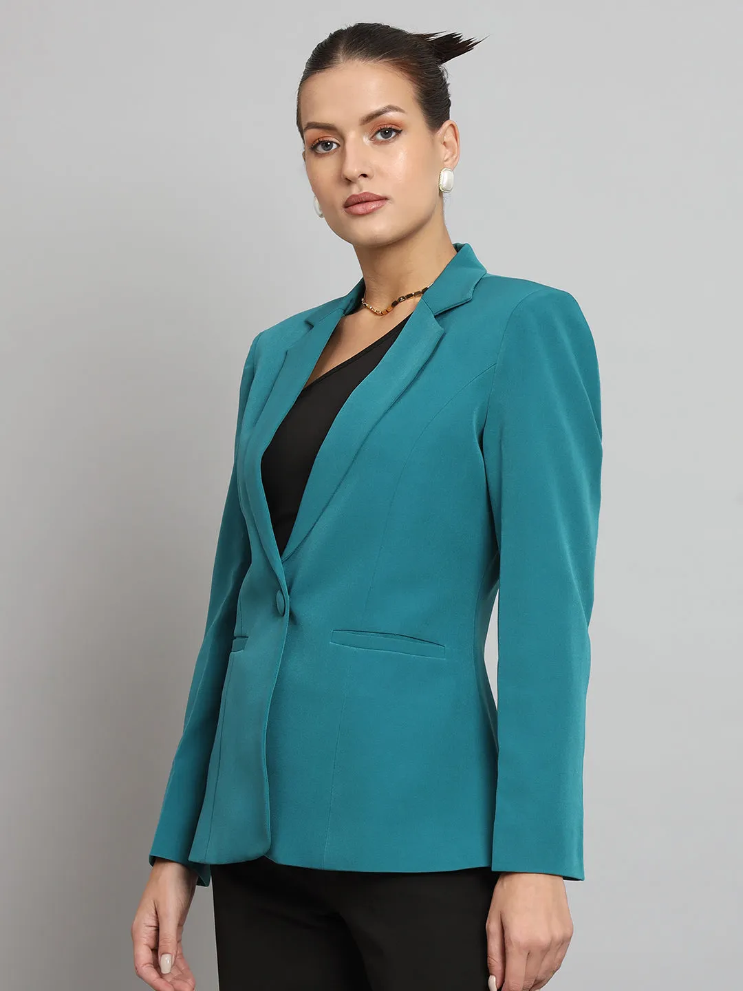 Teal Green Polyester Notch Collar Stretch Blazer