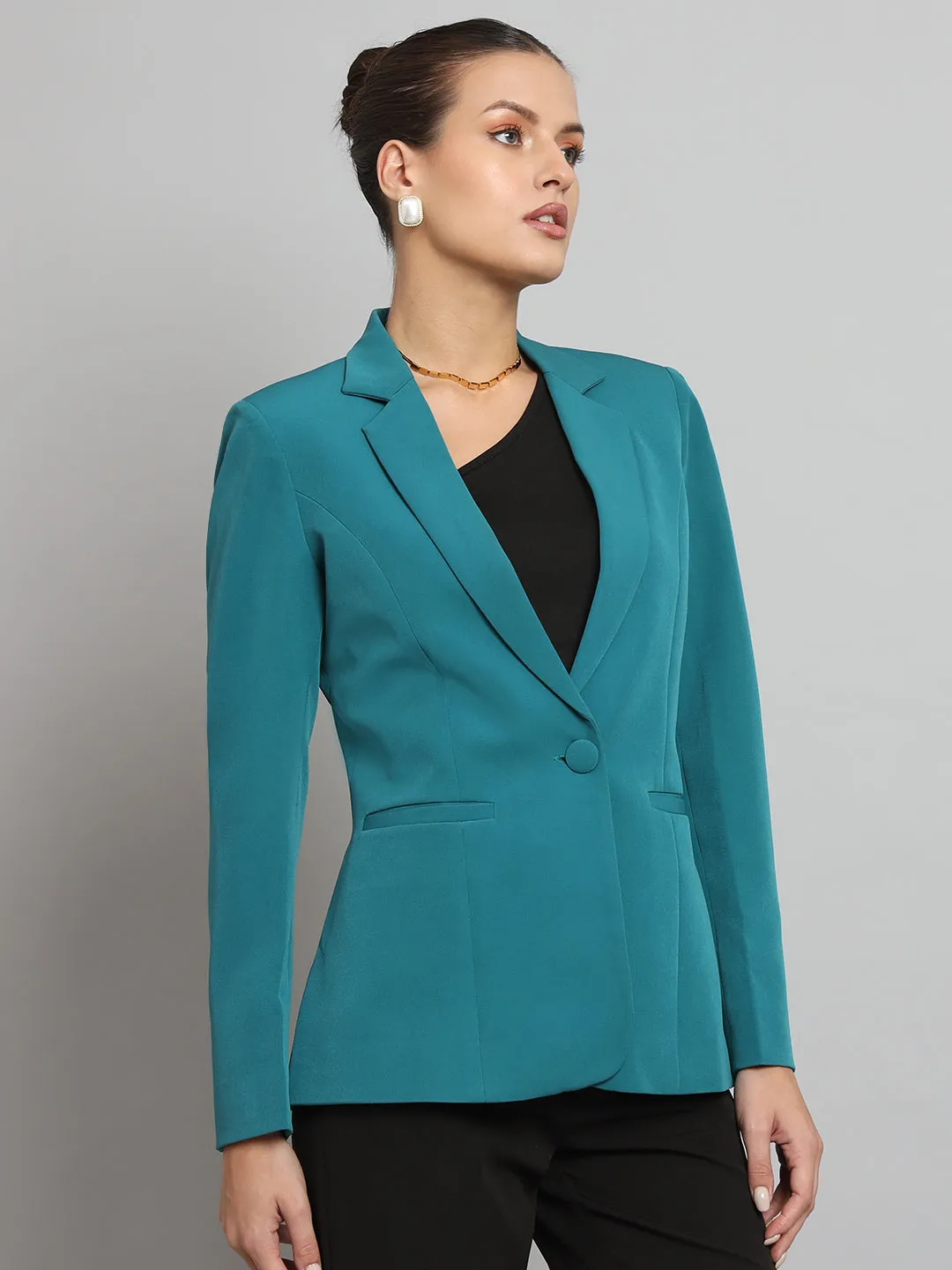 Teal Green Polyester Notch Collar Stretch Blazer