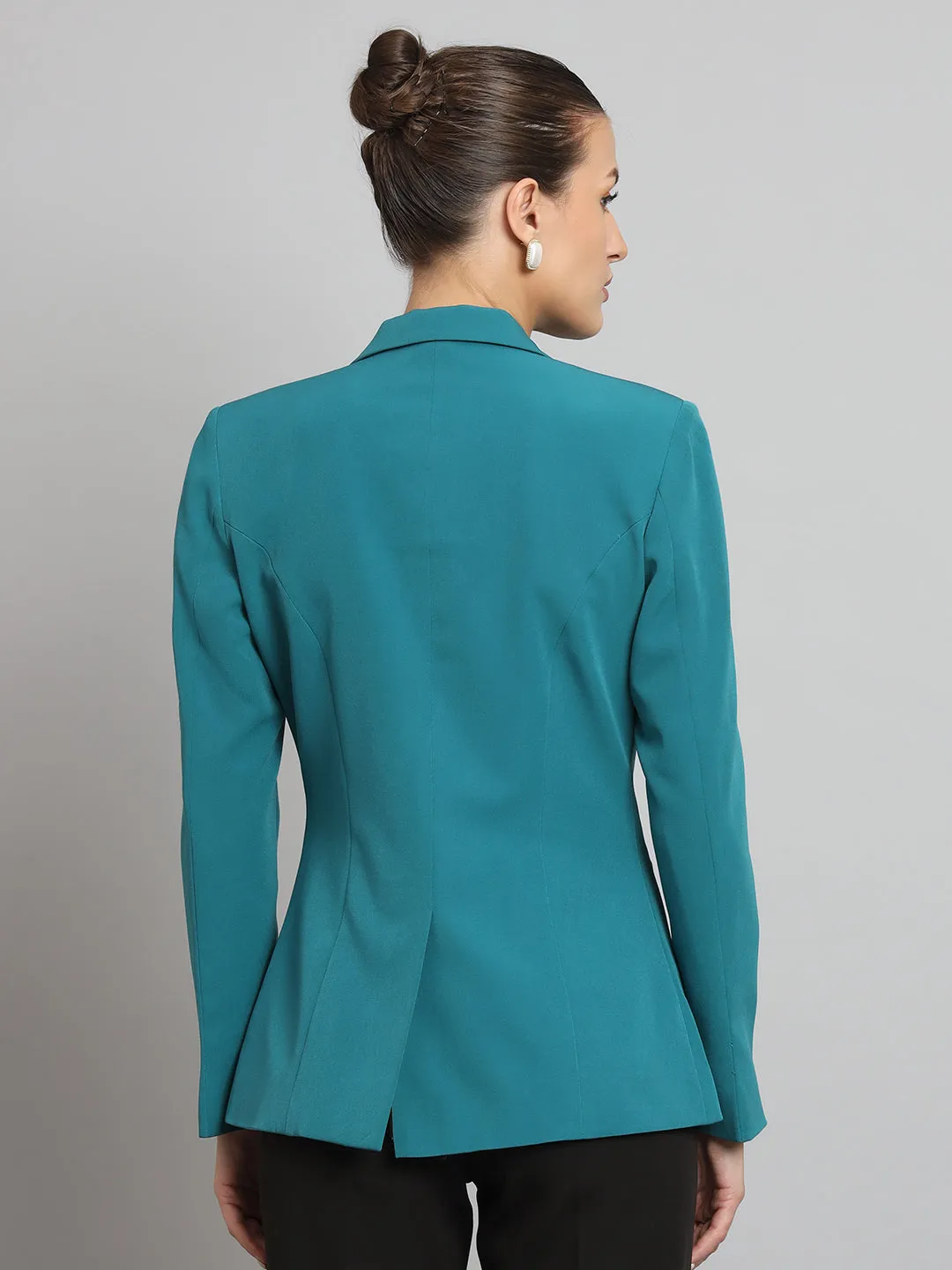 Teal Green Polyester Notch Collar Stretch Blazer