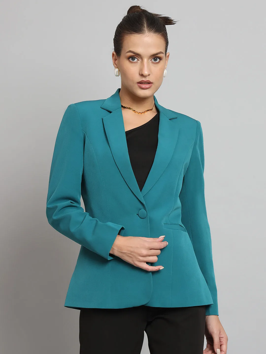 Teal Green Polyester Notch Collar Stretch Blazer