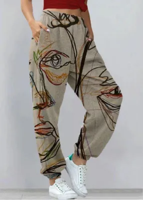 Vintage Abstract Portrait Graffiti Art Print Elastic Waist Jogging Pants