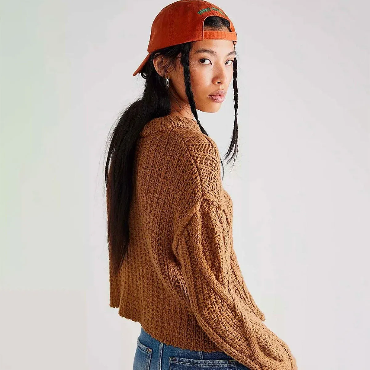 Vintage Crew Neck Chunky Cable Knit Fisherman Crop Oversized Sweater