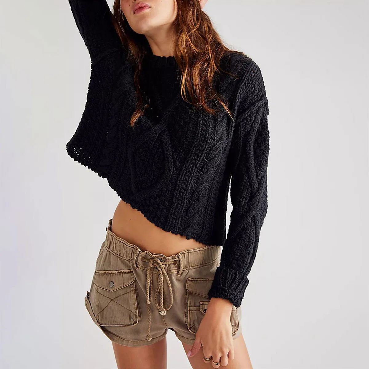 Vintage Crew Neck Chunky Cable Knit Fisherman Crop Oversized Sweater